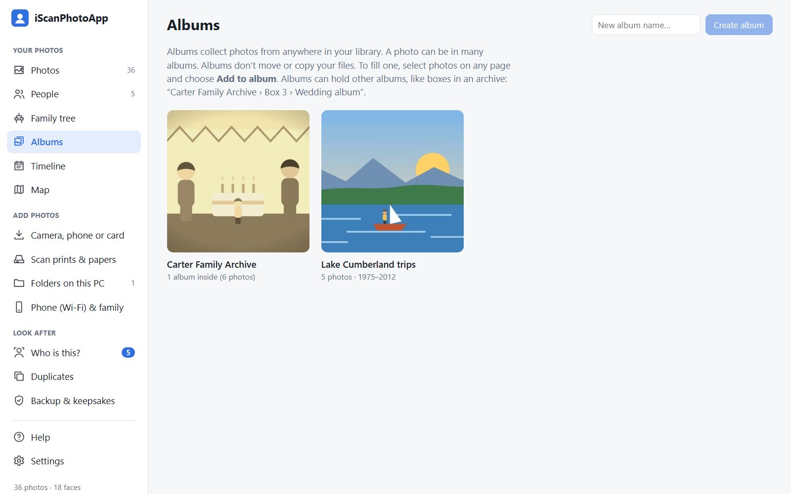The Albums page: two albums, Carter Family Archive and Lake Cumberland trips, each with a cover photo