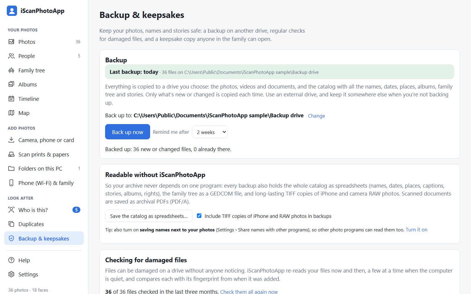 Backup and keepsakes: the last backup was today, with a Back up now button