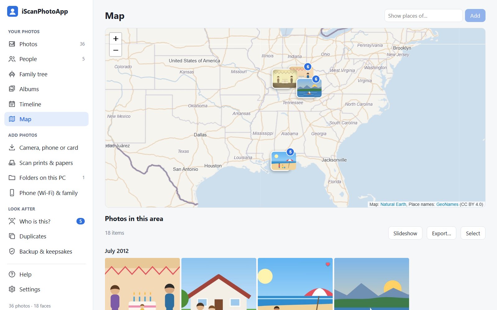 The Map page: photos shown as pins across the southern United States
