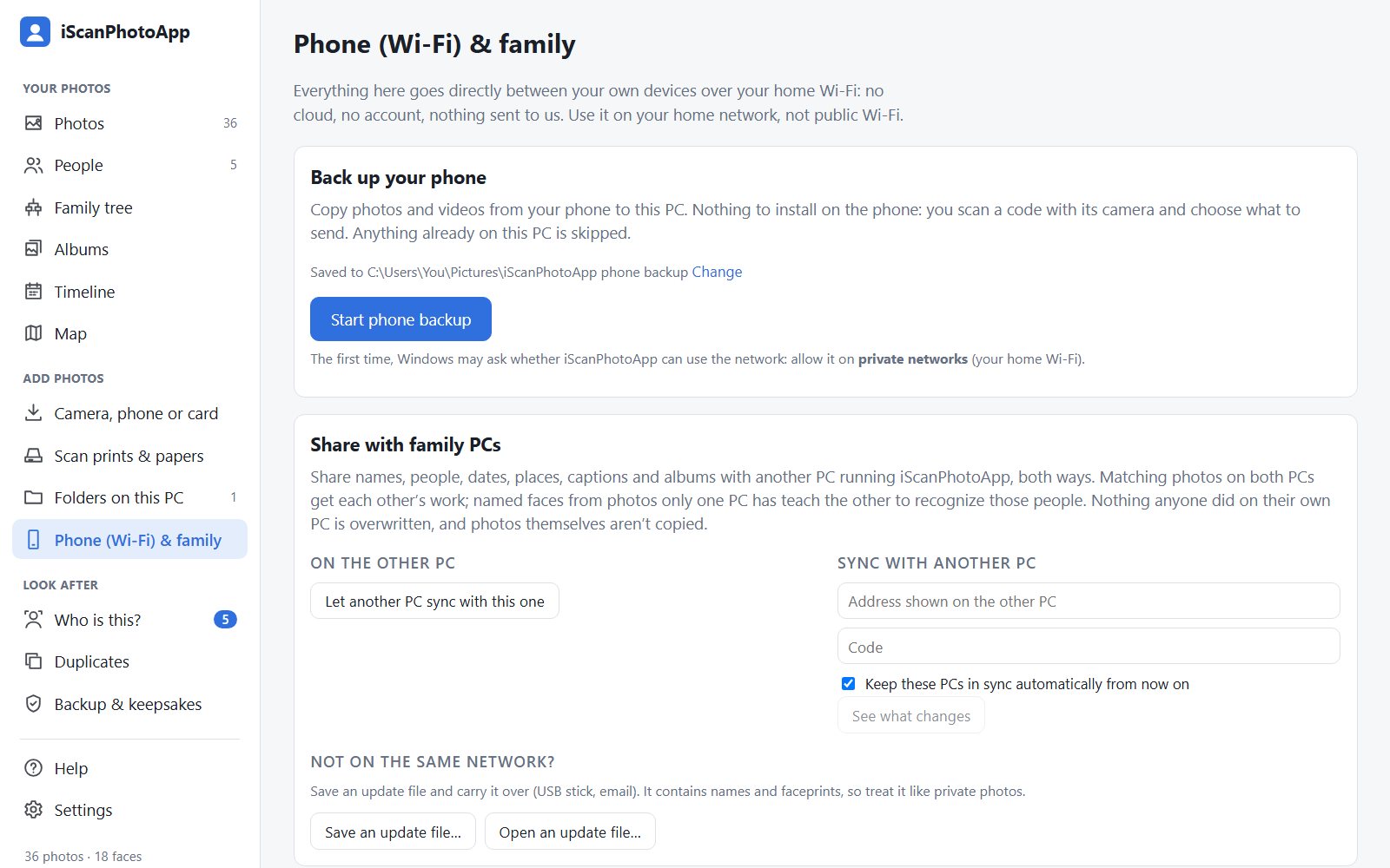 Phone (Wi-Fi) and family: a Start phone backup button, and settings to share names with another family PC