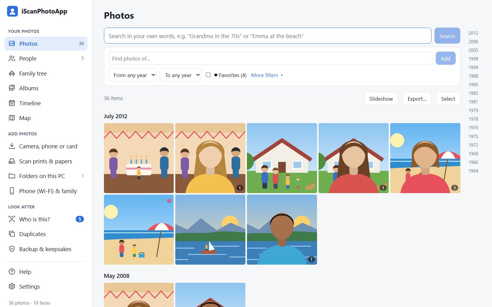 The Photos page: a search box, and photos grouped by month with a year list down the side