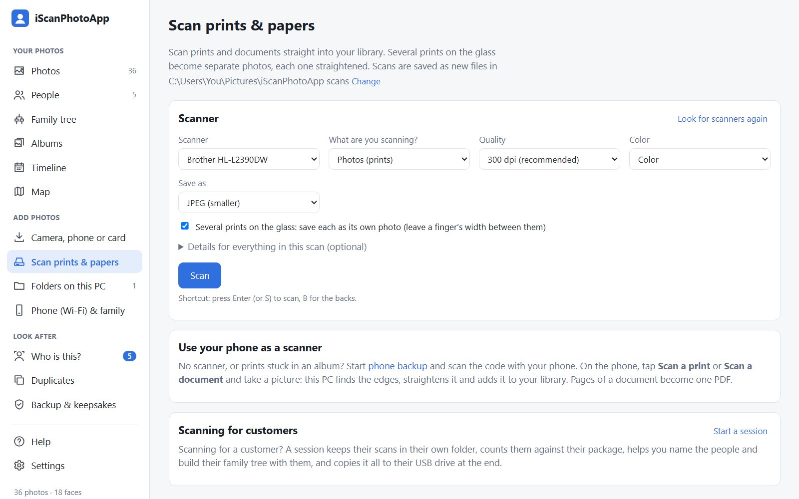 The Scan page: choose your scanner, the quality and color, then Scan
